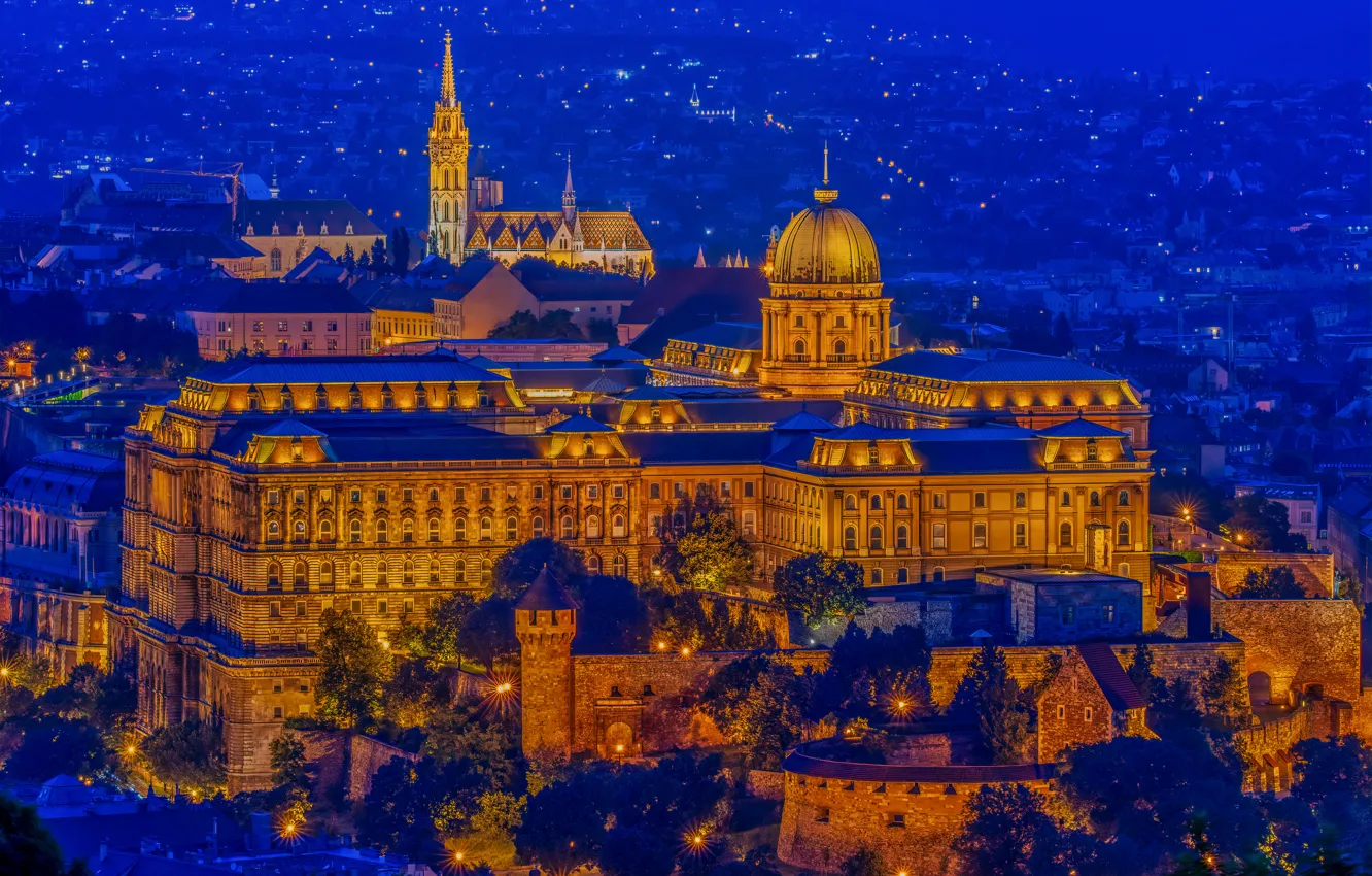 Photo wallpaper castle, fortress, night city, Hungary, Hungary, Budapest, Budapest, Buda Castle