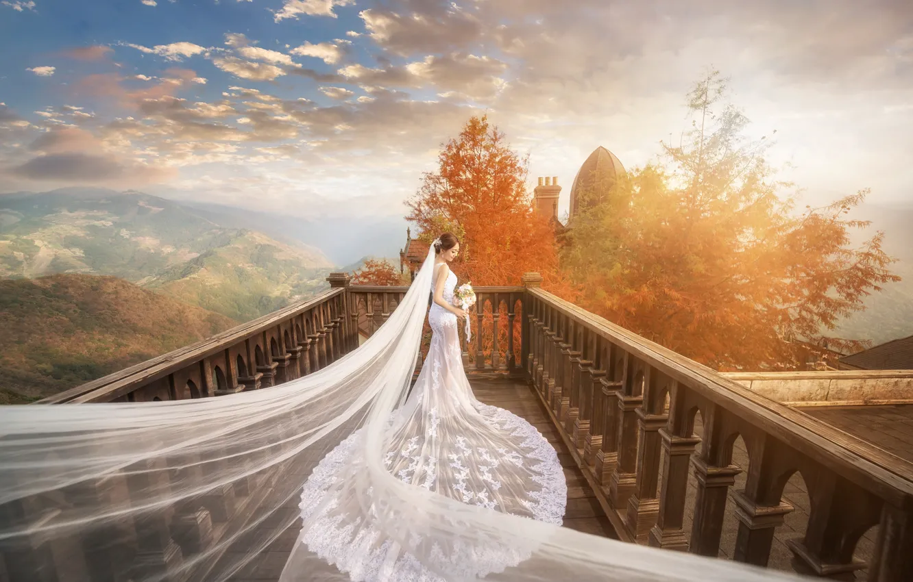 Photo wallpaper autumn, white, girl, light, trees, landscape, nature, pose