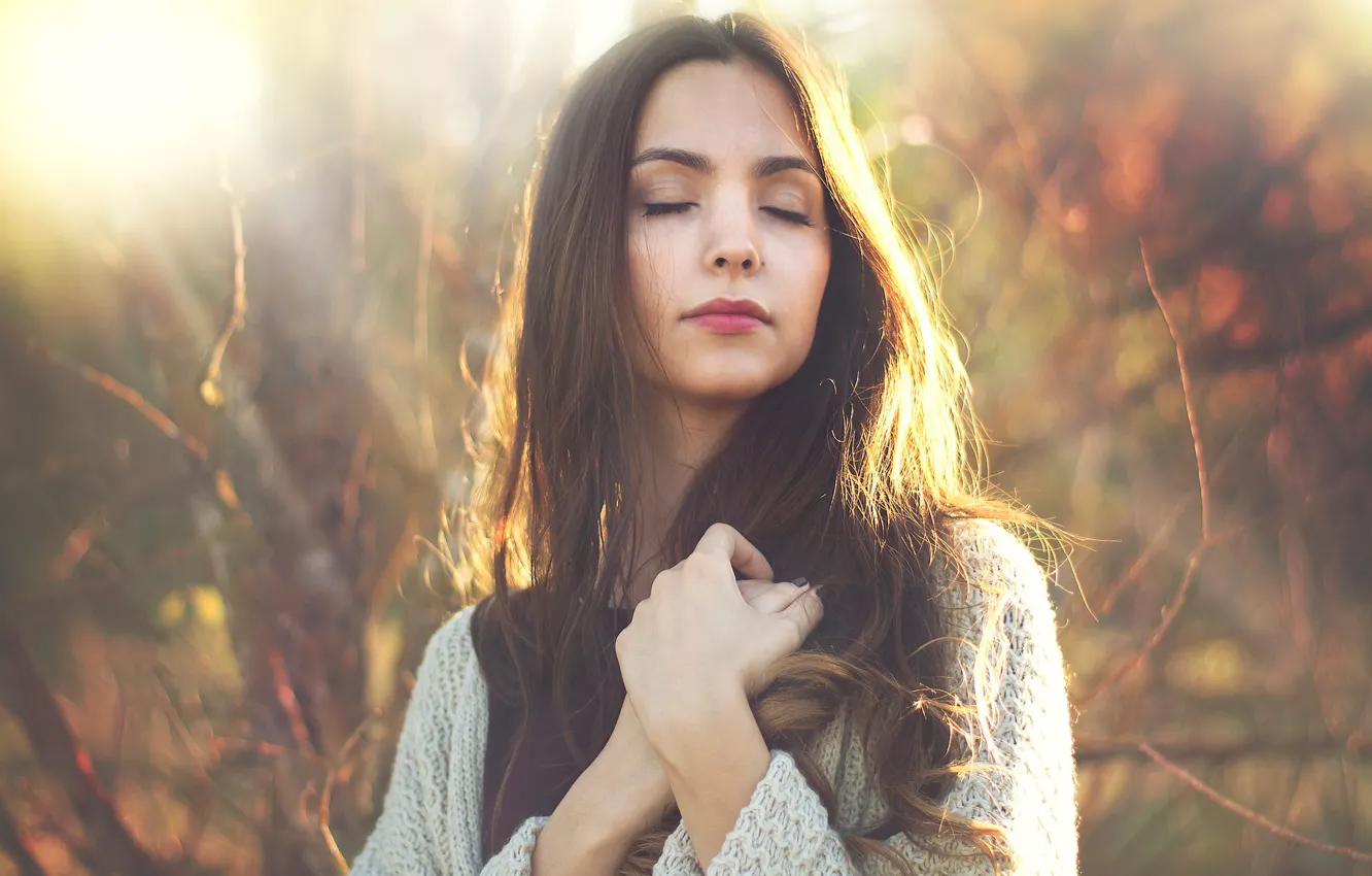 Photo wallpaper autumn, forest, girl, mood, portrait, brunette, closed eyes, long-haired
