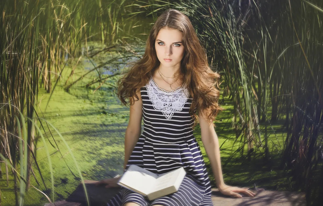 Photo wallpaper look, girl, pose, dress, book, brown hair