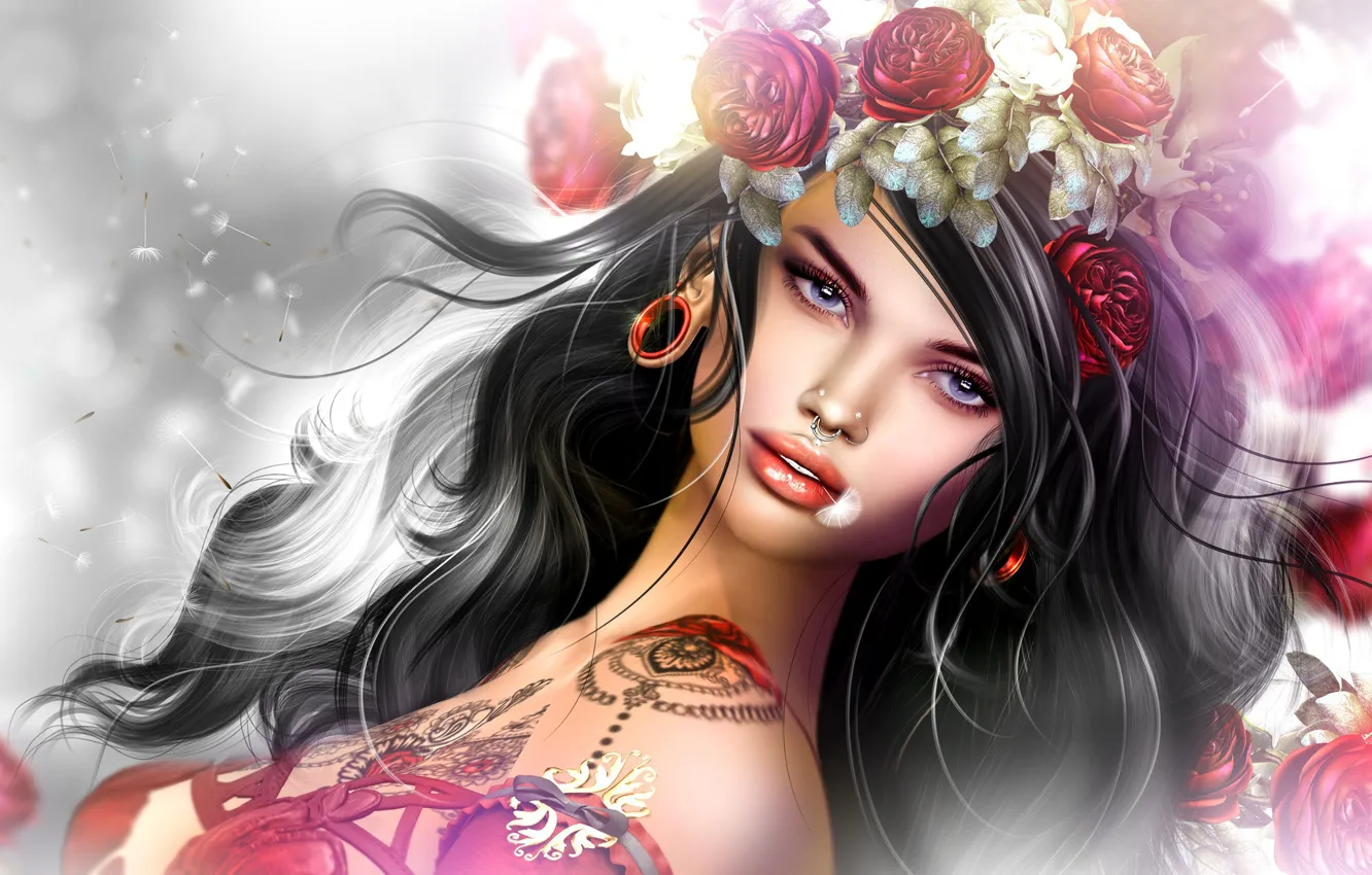 Photo wallpaper girl, flowers, hair, piercing, tattoo, wreath