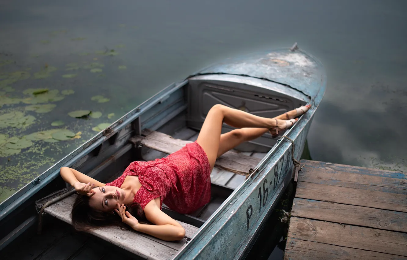 Photo wallpaper look, girl, pose, boat, legs, red dress, Dmitry Shulgin