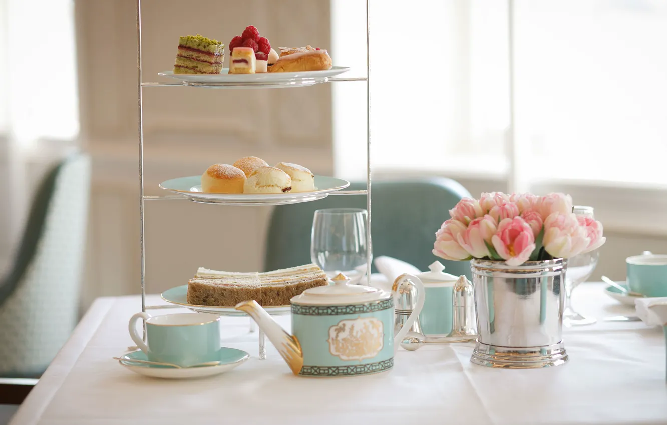 Photo wallpaper tea, food, tulips, vase, cake, Afternoon tea