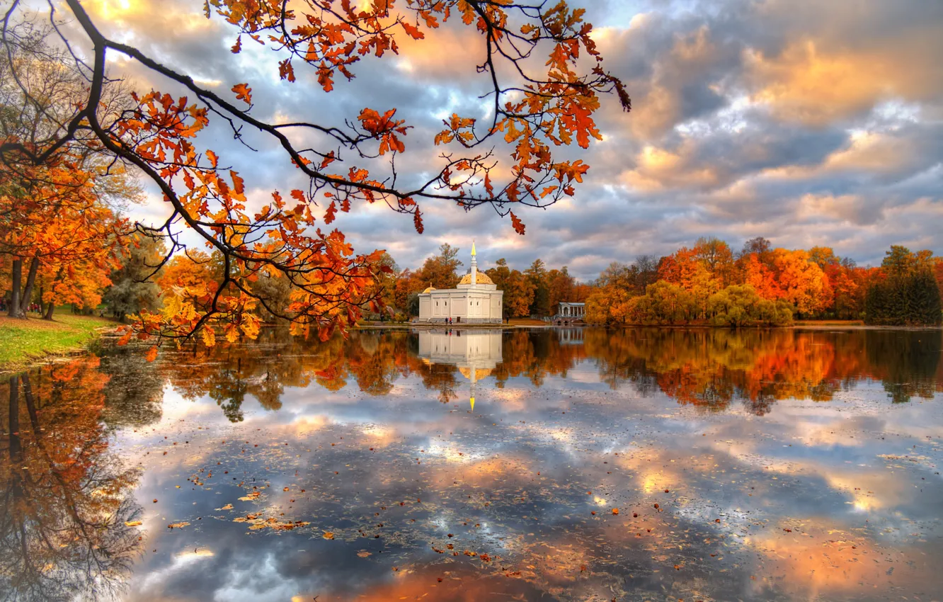 Photo wallpaper autumn, clouds, trees, landscape, branches, nature, Park, reflection