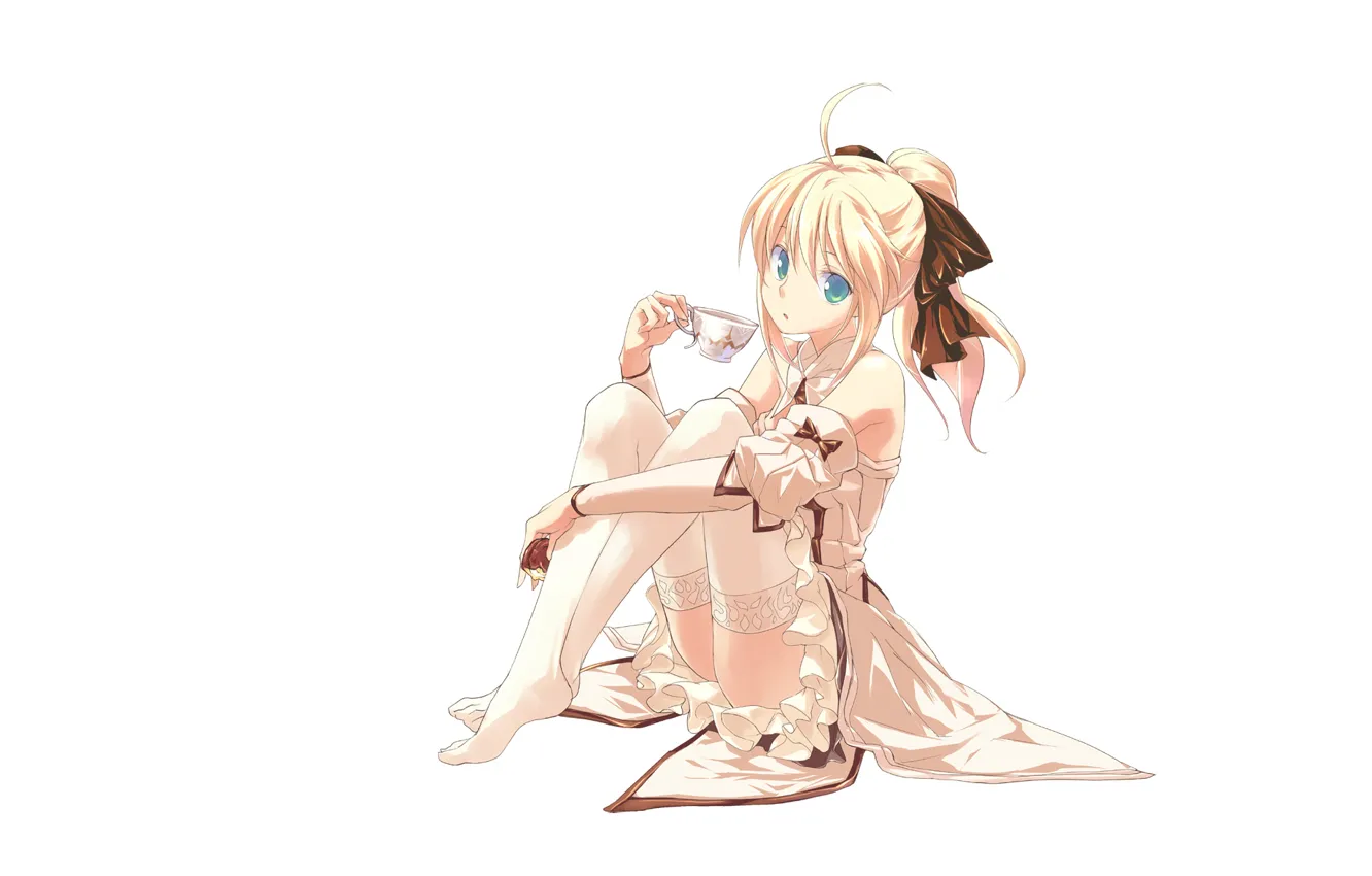 Photo wallpaper look, girl, stockings, blonde, white background, fate stay night, saber lily, sitting