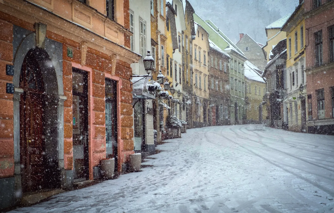 Photo wallpaper snow, city, the city, street, the building, snowfall, Street, snow