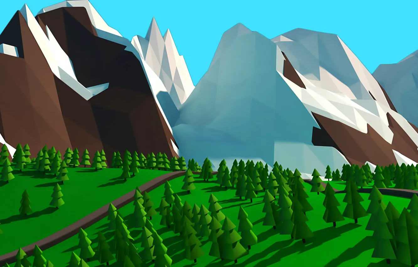 Photo wallpaper grass, snow, trees, mountains, polygon, mountain, snow, tree