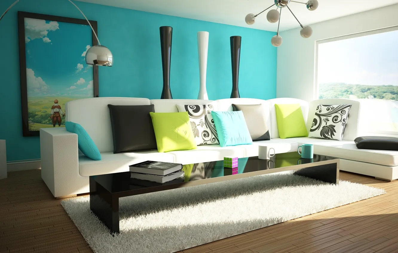 Photo wallpaper green, table, lamp, room, sofa, blue, bright, colored