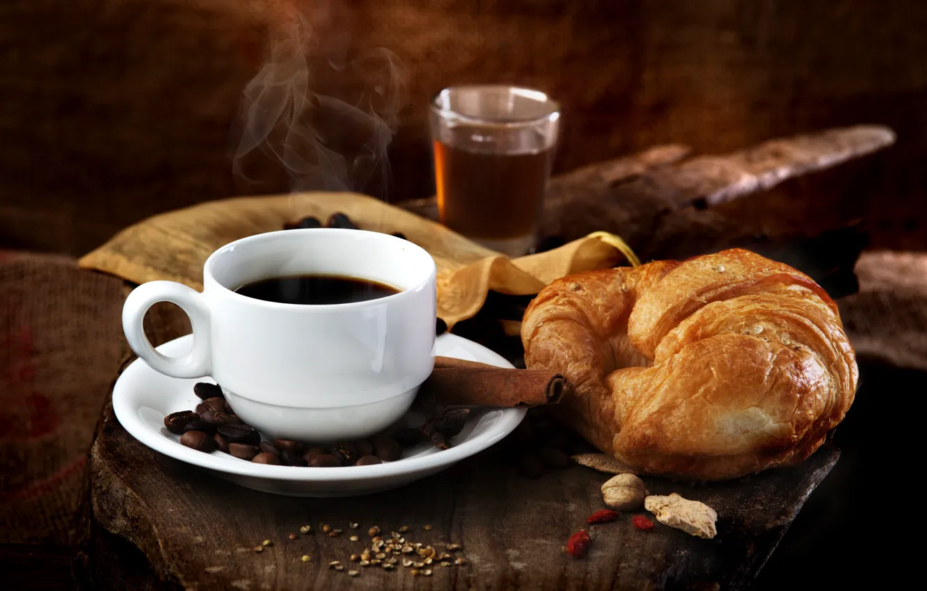 Photo wallpaper tea, coffee, drink, cinnamon, coffee beans, croissant