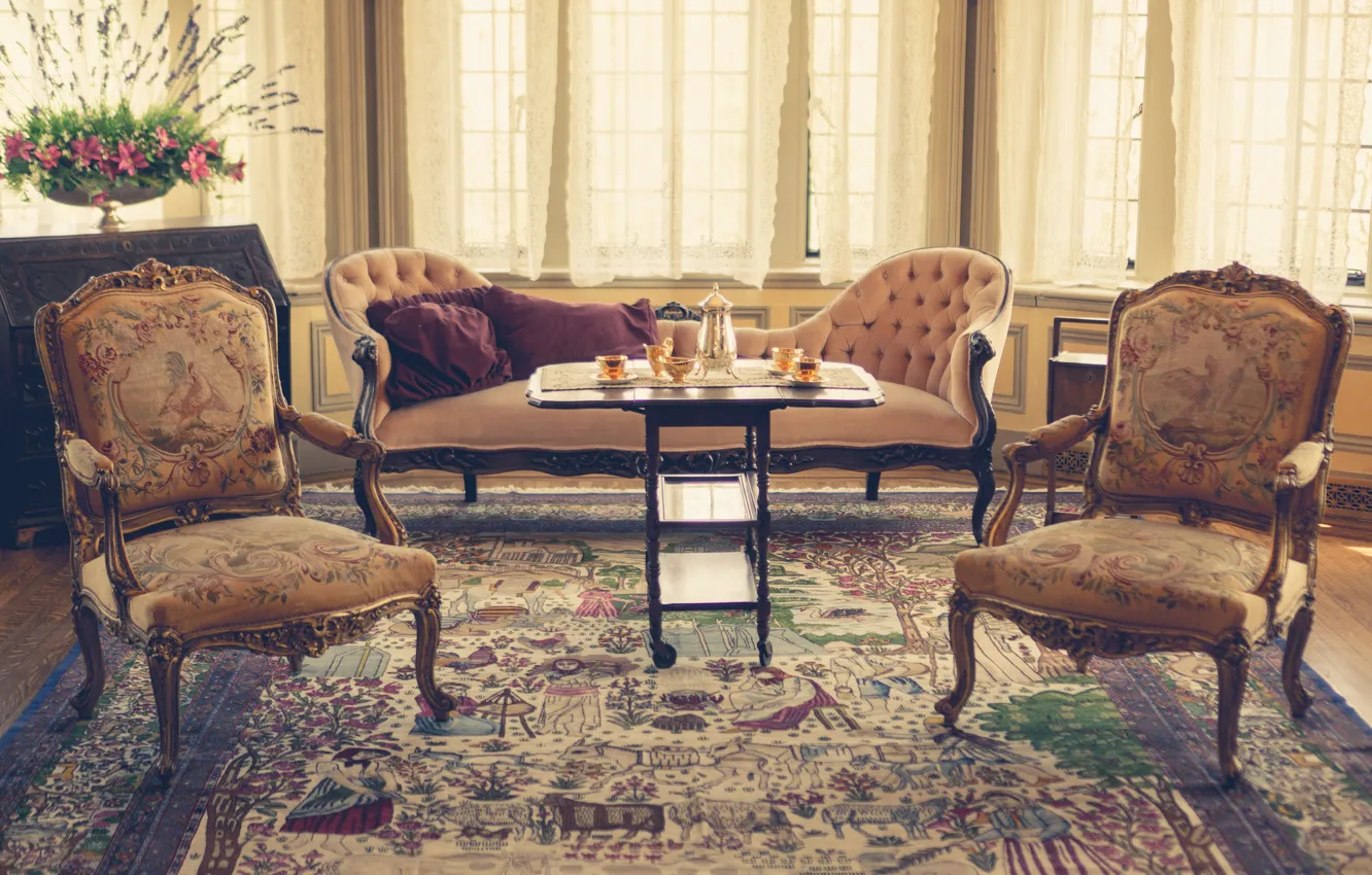 Photo wallpaper table, sofa, carpet, bouquet, chair, window, curtains, living room