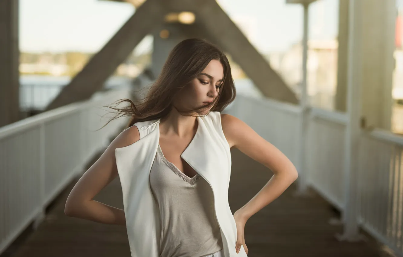 Photo wallpaper girl, bridge, pose, the wind, portrait, hands, brunette, the fence