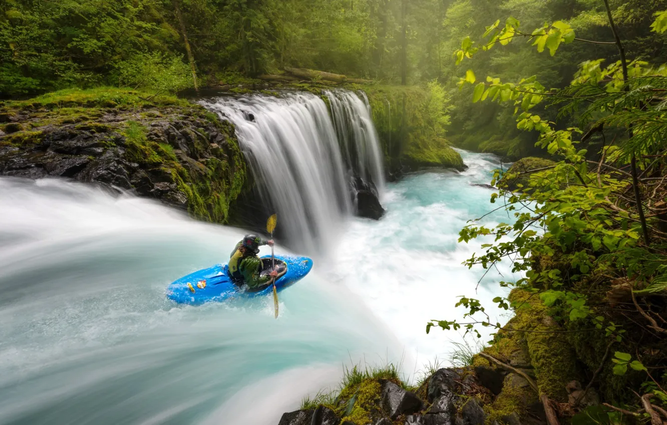 Photo wallpaper river, sport, boat, waterfall