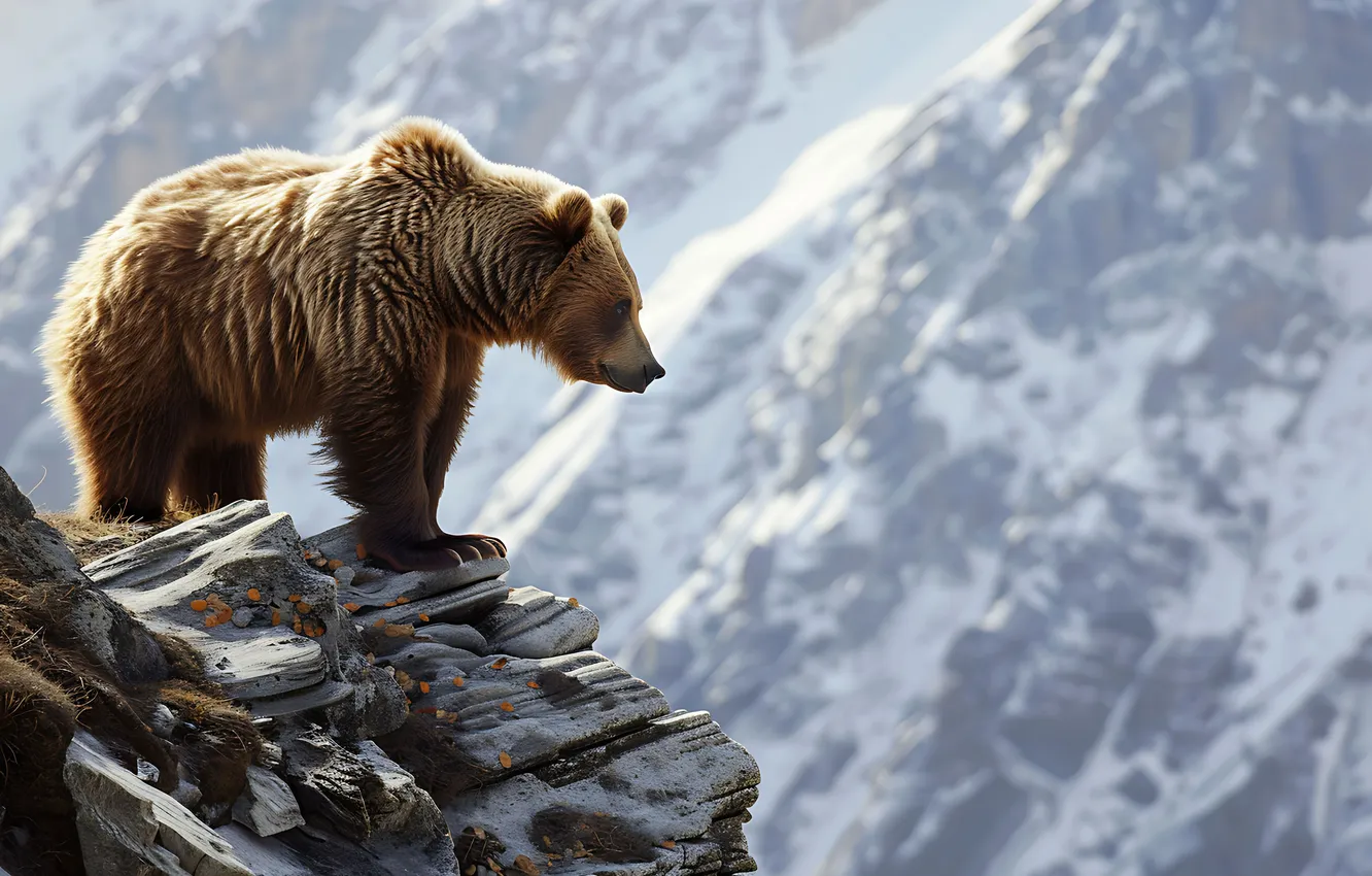 Photo wallpaper mountains, predator, bear, brown bear, digital art, AI art, The Art of Artificial Intelligence, neural …