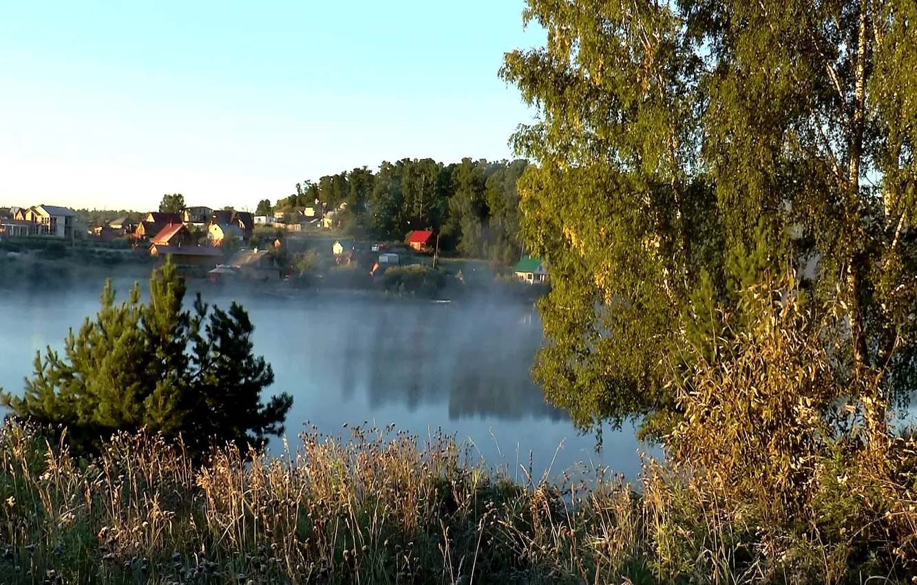 Photo wallpaper fog, morning, Lake, village, taiga, Siberia