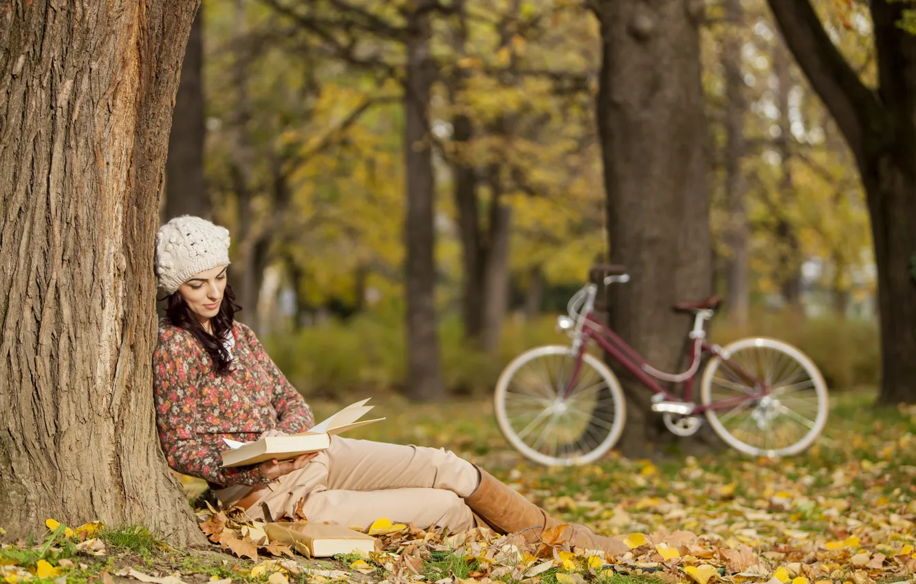 Photo wallpaper autumn, girl, Park, foliage, book, bokeh