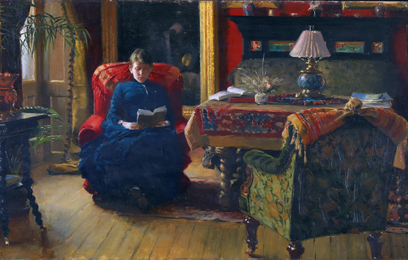 Photo wallpaper Chair, Picture, Woman, Reads, In the living room, Paul Gustav Fischer, Paul Gustav Fischer, Danish …