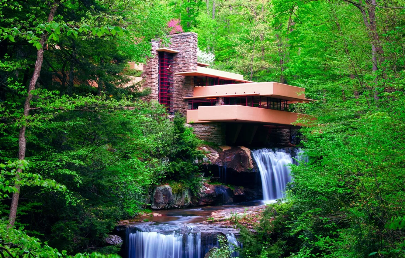 Photo wallpaper forest, grass, trees, landscape, nature, river, plant, waterfall