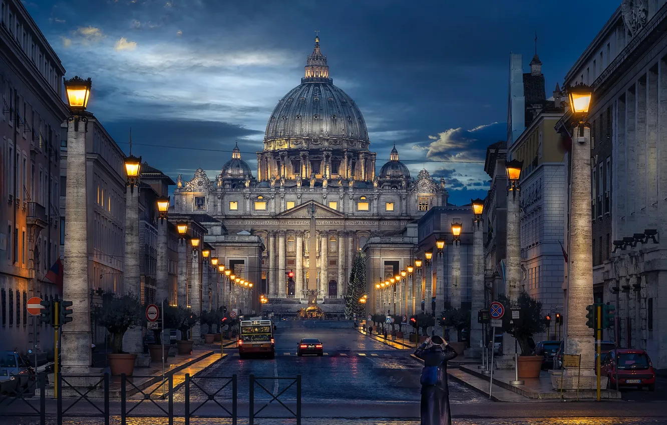 Photo wallpaper road, building, home, Rome, lights, Italy, Cathedral, night city