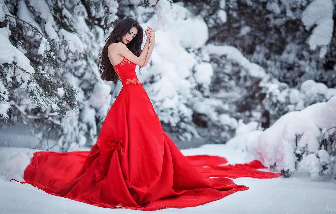 Photo wallpaper winter, forest, girl, snow, red, pose, style, photo