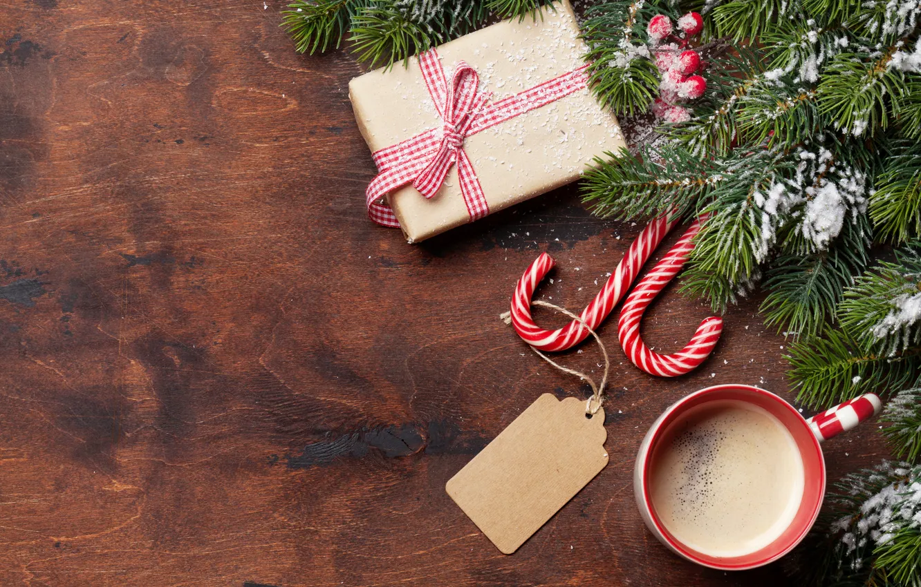 Photo wallpaper snow, decoration, tree, Christmas, Cup, gifts, New year, Christmas