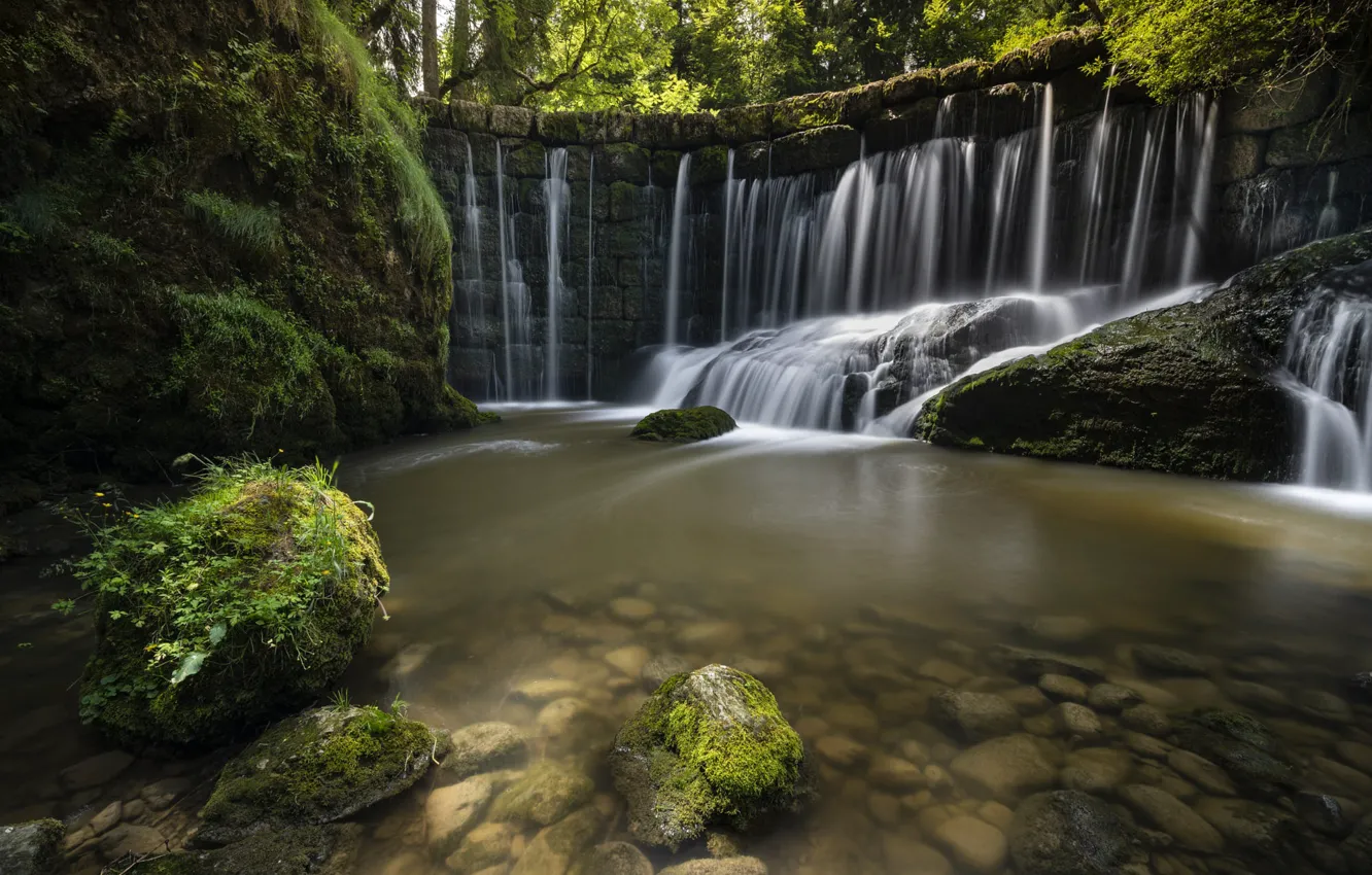 Photo wallpaper forest, stones, wall, vegetation, waterfall, the bottom, pond, masonry