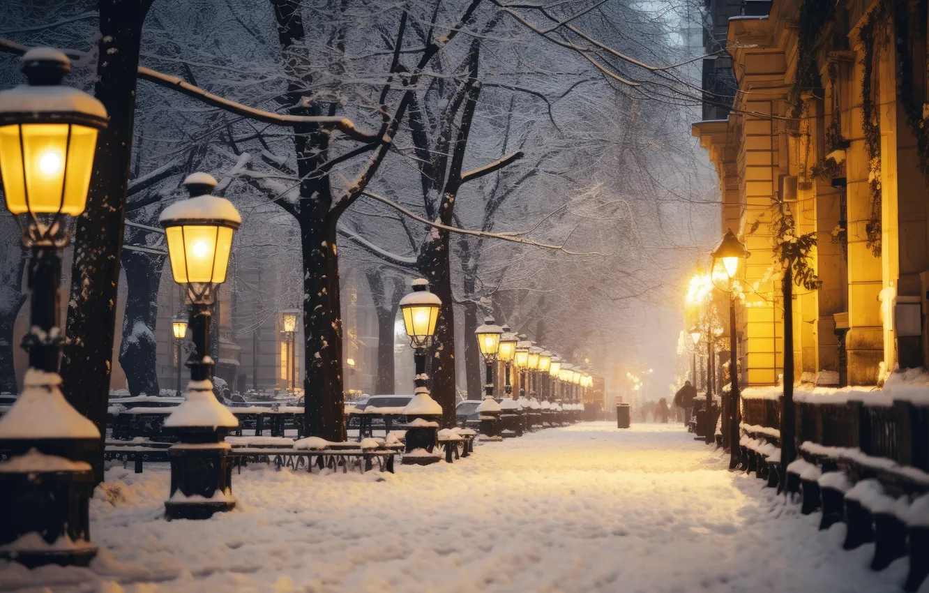 Photo wallpaper winter, snow, night, Park, street, lights, alley, night