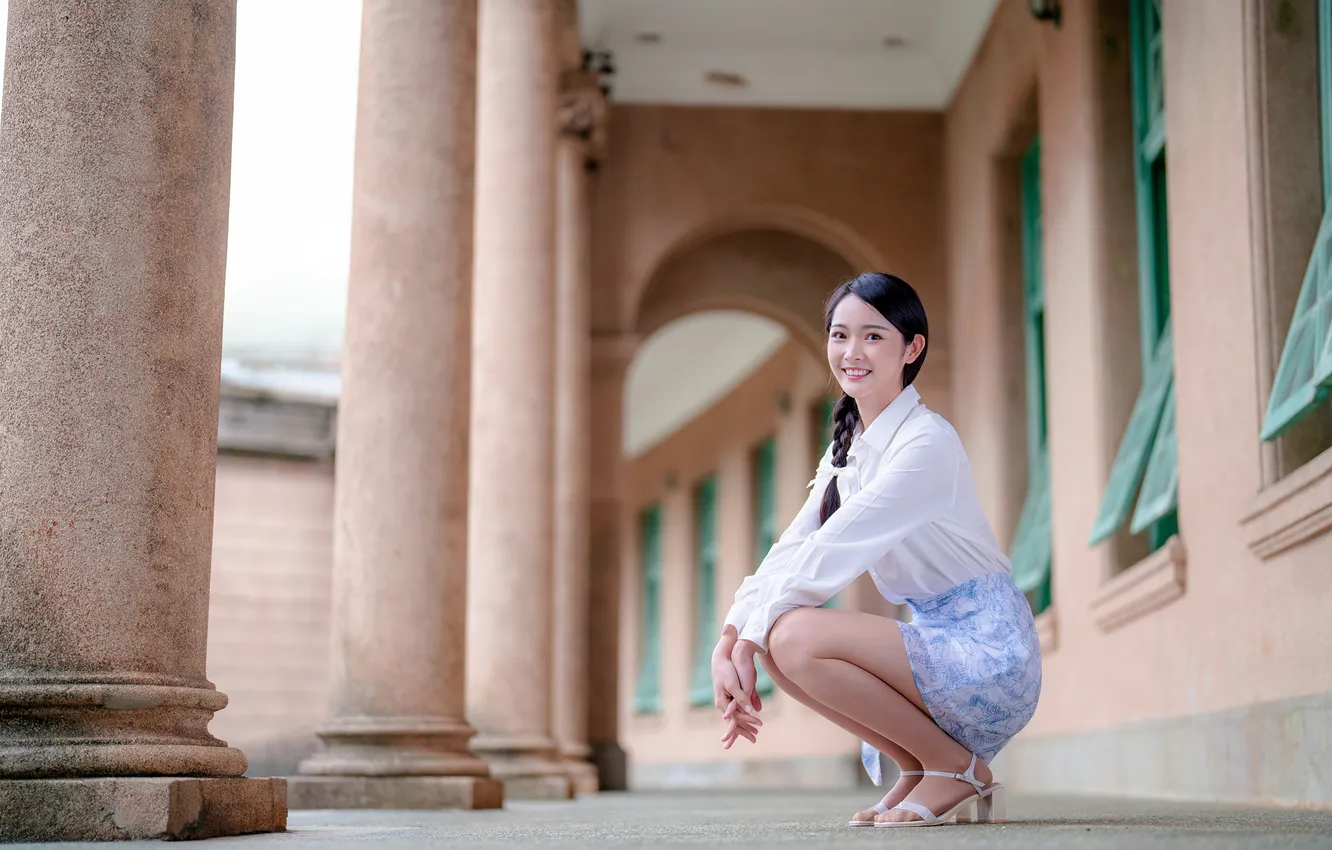 Photo wallpaper smile, feet, skirt, brunette, blouse, braid, Asian, sitting