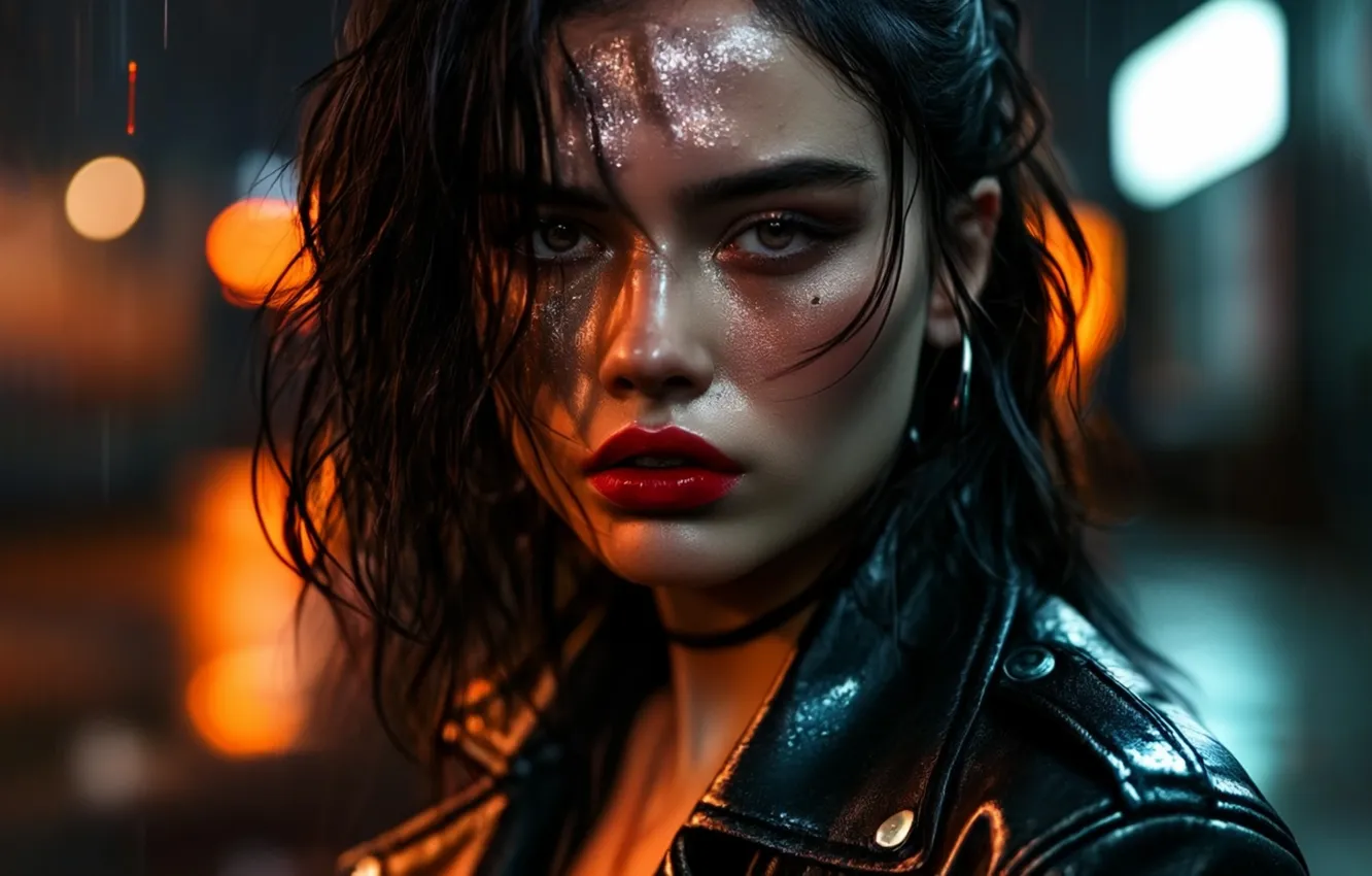 Photo wallpaper girl, wet, leather jackets