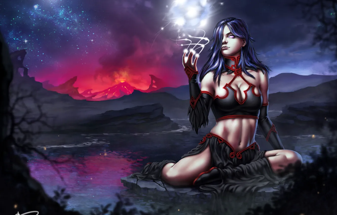 Photo wallpaper girl, stars, magic, pond, diablo, fanart, wizard