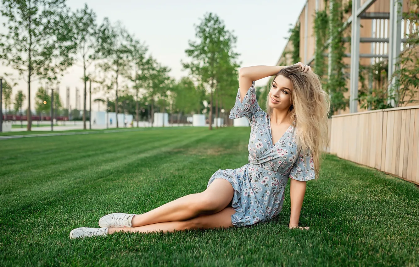 Photo wallpaper girl, smile, lawn, dress, legs, A Diakov George, Elena Korovaina