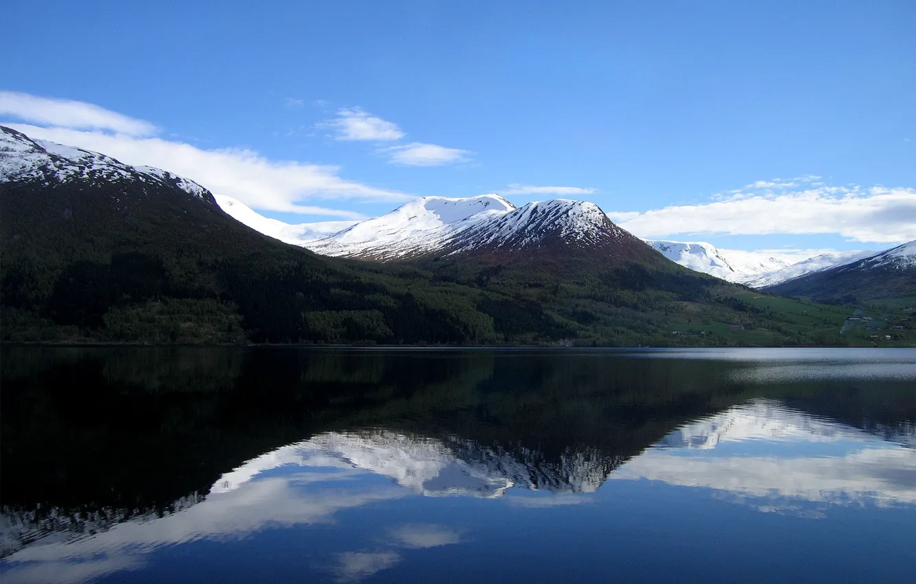 Photo wallpaper snow, mountains, lake, reflection