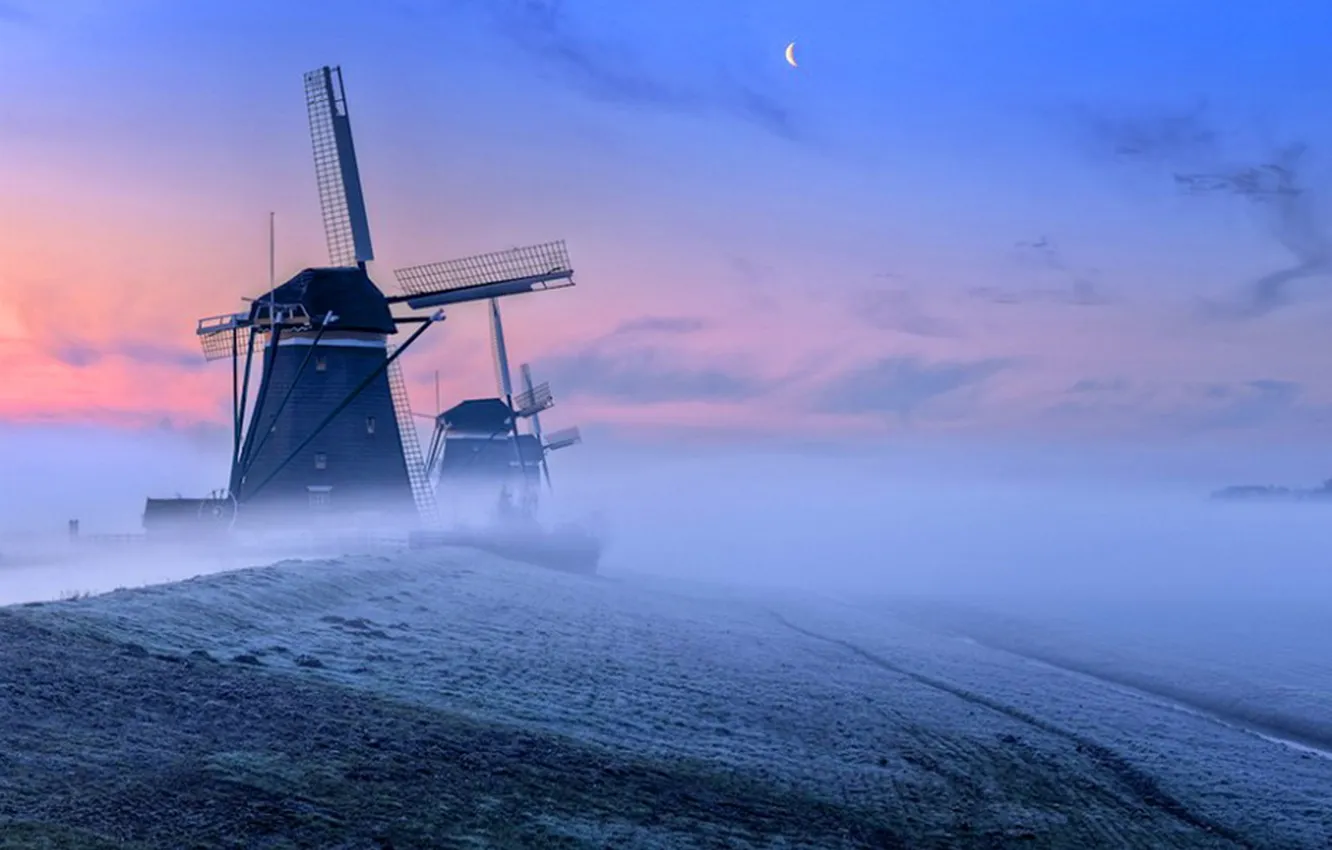 Photo wallpaper Windmills, The Netherlands, Kinderdijk, Holland mists