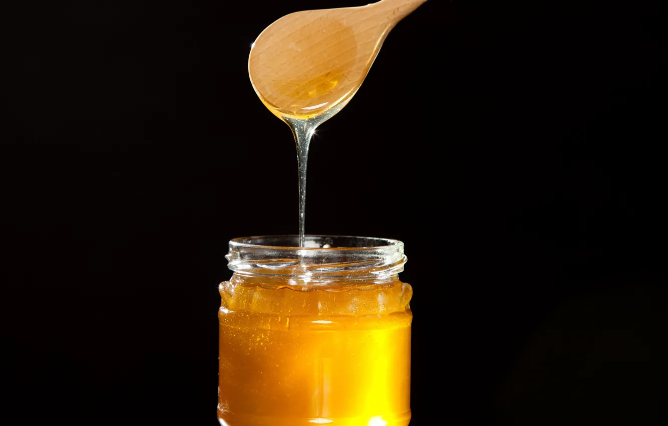 Photo wallpaper honey, yellow, food, black background, Open, tasty, jar, sticky