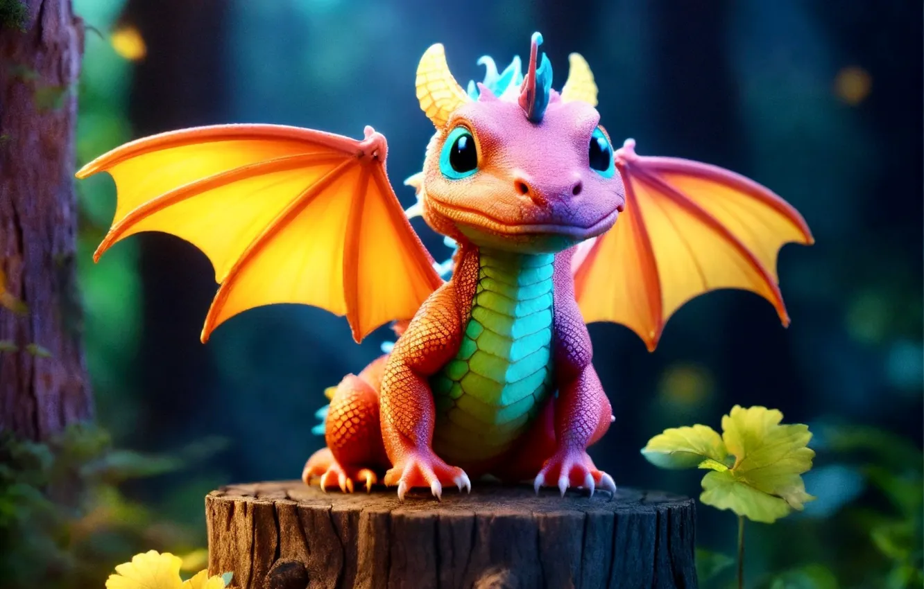 Photo wallpaper nature, dragon, stump, cub, face, dragon, lilac, cartoon