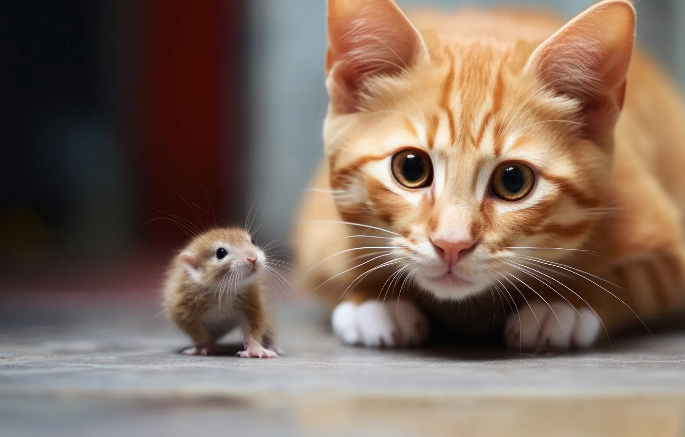 Photo wallpaper cat, look, pose, mouse, red, kitty, face, rodent