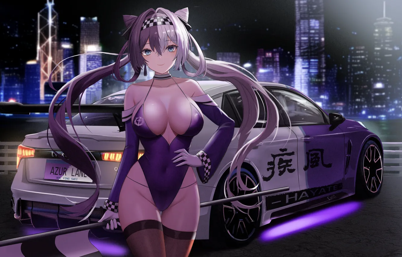 Photo wallpaper car, anime, stockings, blue eyes, twintails, japanese, anime girls, Big boobs