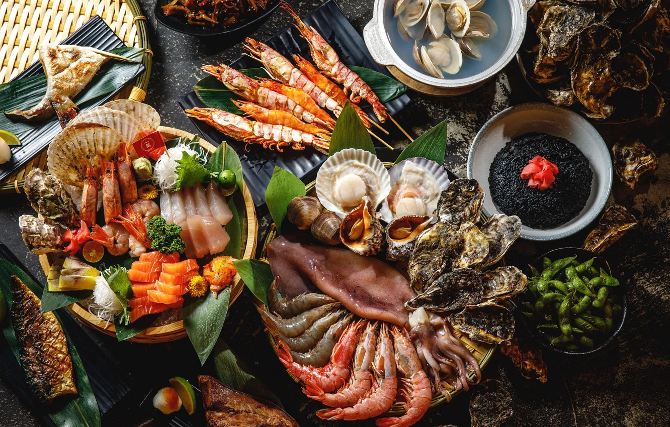Photo wallpaper fish, shrimp, seafood, cuts, shellfish, oysters