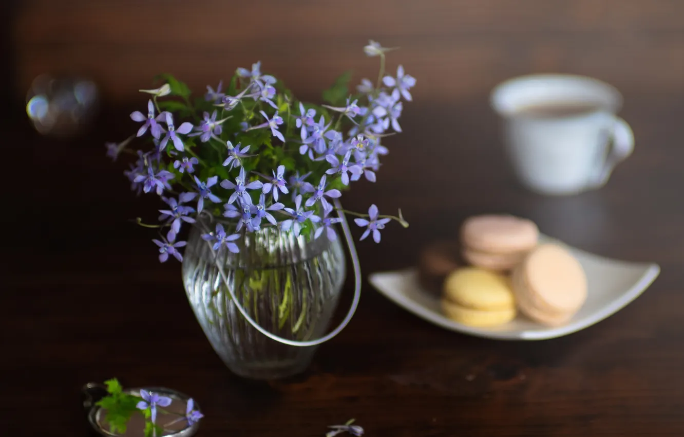 Photo wallpaper glass, flowers, table, tea, Board, spring, cookies, the tea party