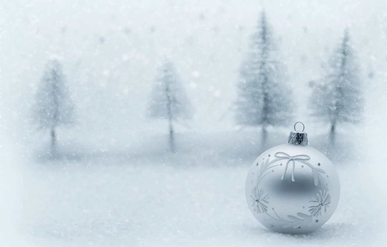 Photo wallpaper winter, forest, balls, snow, background, new year, silver, Christmas