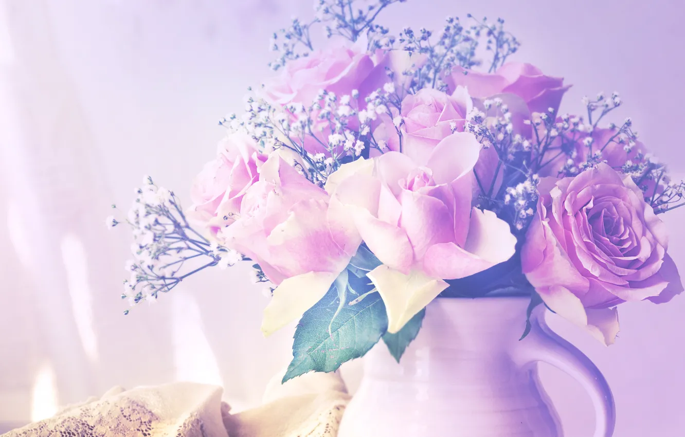 Photo wallpaper background, lilac, roses, bouquet, pitcher