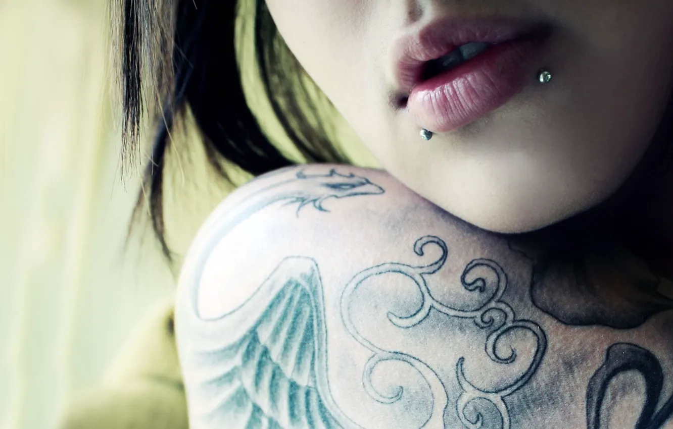 Photo wallpaper tattoo, lips, piercing