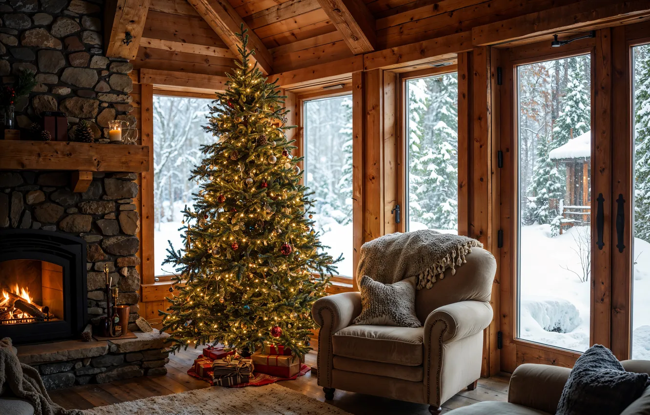 Photo wallpaper decoration, room, gift, tree, new year, interior, Christmas, Christmas