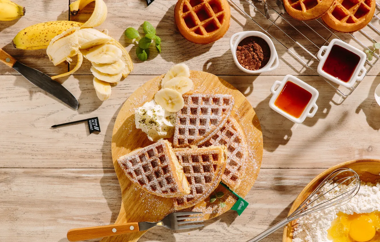Photo wallpaper bananas, dessert, waffles, flour