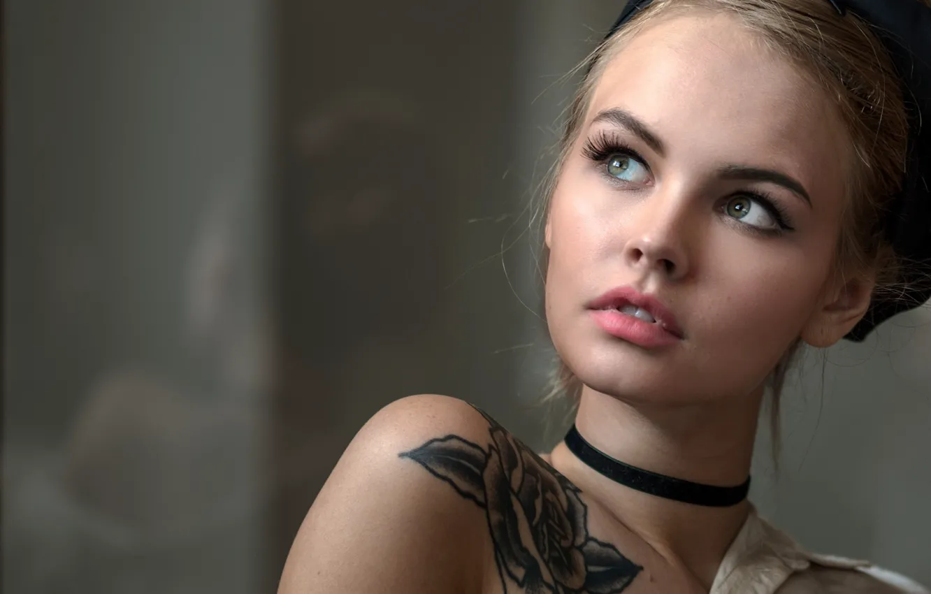 Photo wallpaper girl, model, beautiful, shoulders, tattoo, Anastasia Shcheglova, looking off to the side, Anastasia Shcheglova