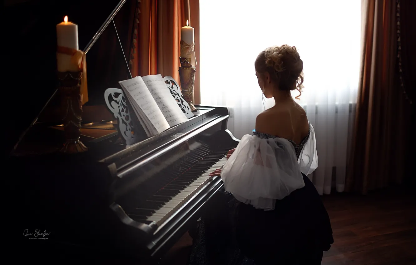 Photo wallpaper girl, notes, back, candles, piano, Anna Shuvalova