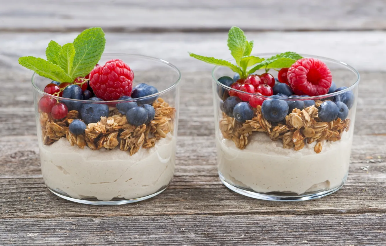 Photo wallpaper berries, raspberry, mint, dessert, currants, blueberries, granola