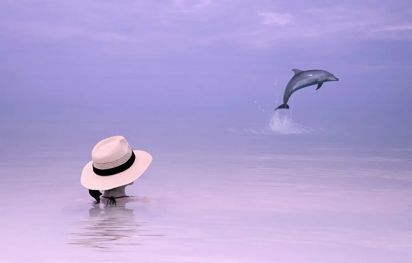 Photo wallpaper sea, girl, style, background, dolphins