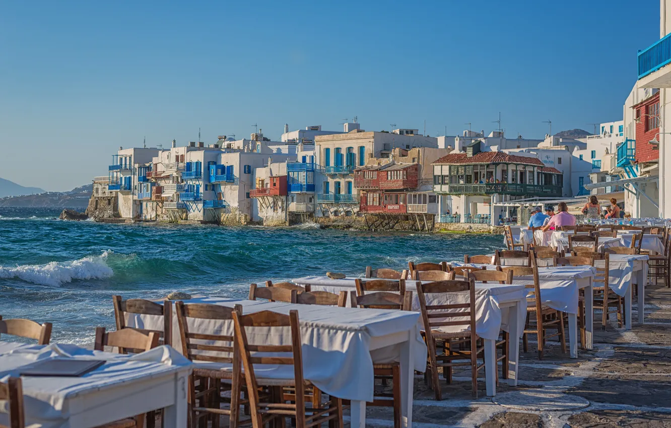 Photo wallpaper sea, the city, chairs, home, restaurant, promenade, tables, Greece