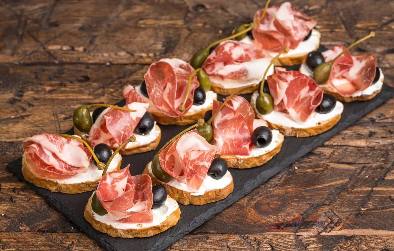 Photo wallpaper meat, olives, ham, capers, bruschetta