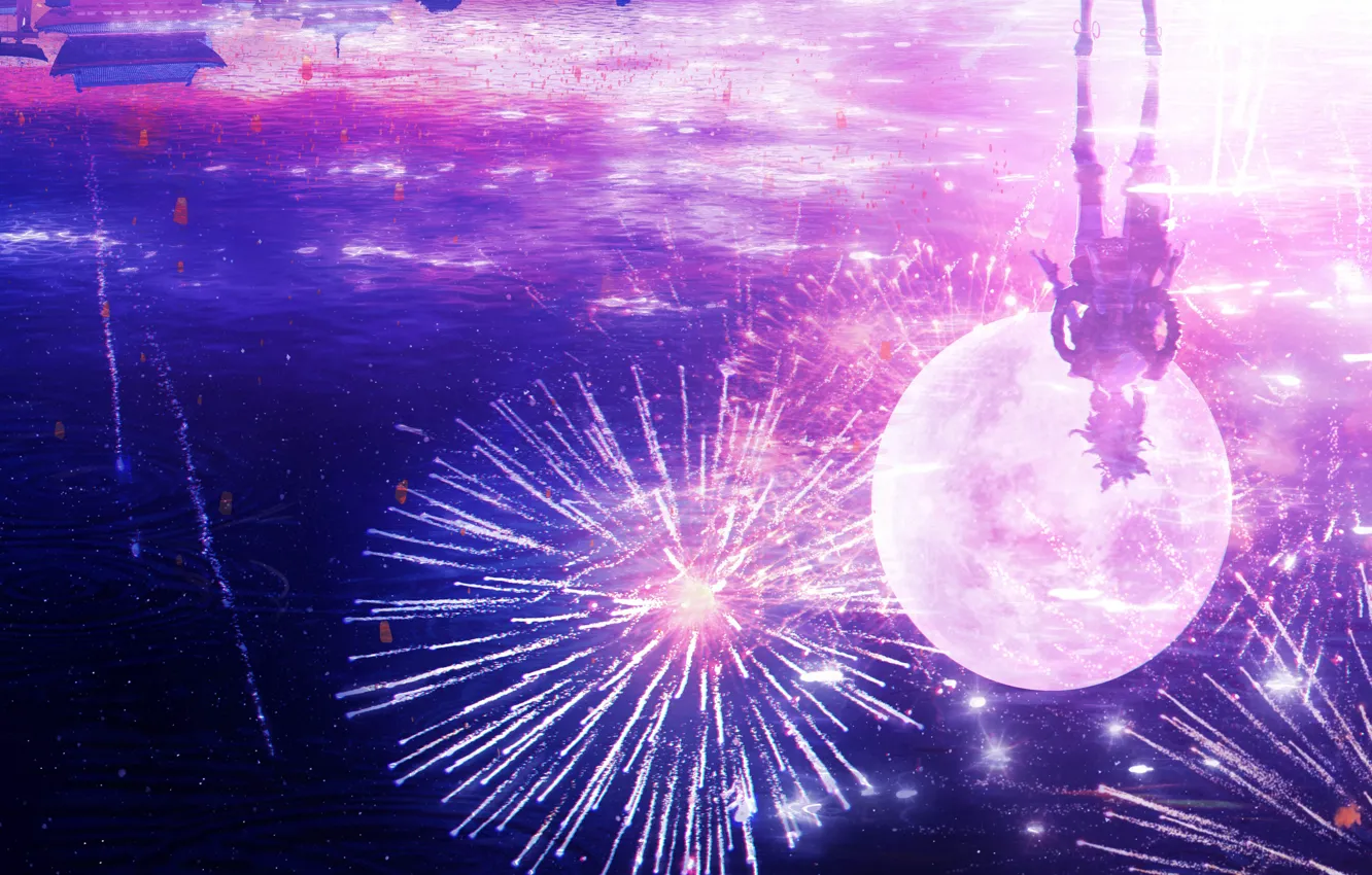 Photo wallpaper the sky, water, girl, night, reflection, the moon, fireworks, Genshin Impact